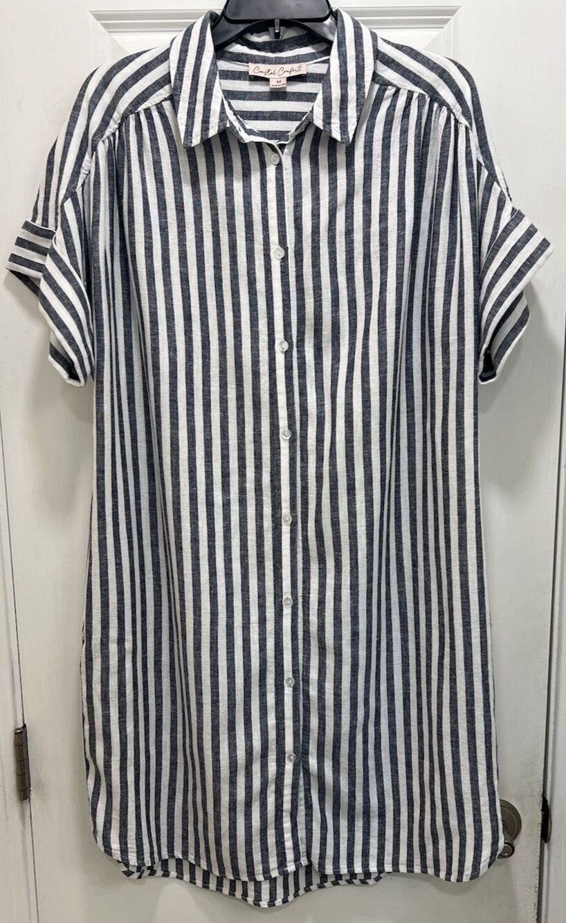 Women's Linen Blend Coastal Button-Down Shirt Dress Medium Blue & White Striped